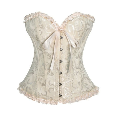 GXIPO Beige Women s Lacing Corset Top Satin Floral Boned Overbust Body Shaper Bustier Waist Push Up Shapewear