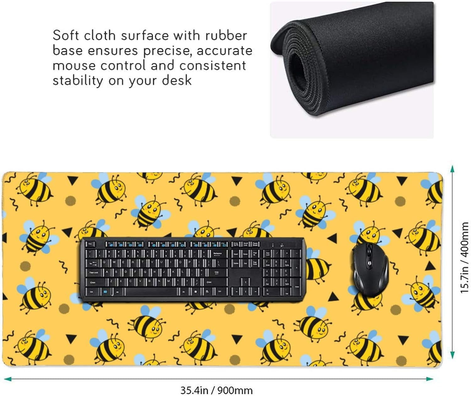 Gaming Mouse Pad Large Desk Mat,Desk Pad Extended Keyboard Pad,Anti-Slip Rubber Base Mouse Pad for Women Girls Work,Game,Office,Home 35.4"X15.7",Cute Little Bee Pattern Yellow