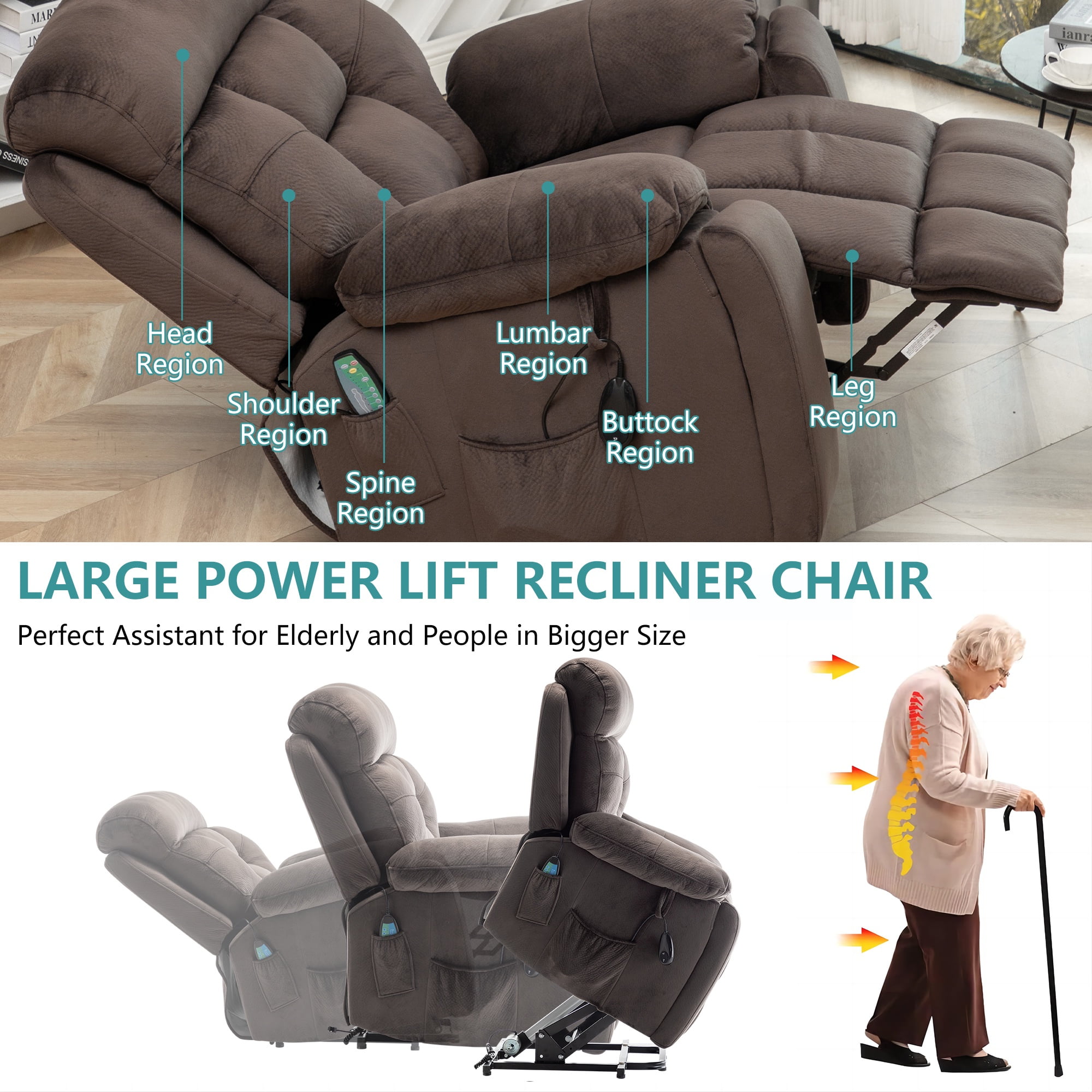26 Inch Wide Seat Recliner Chair for Adults and Elderly, UHOMEPRO Oversized Power Lift Recliner Chair with Heat and Massage, Overstuffed Headrest, 350 lb Capacity, Dark Brown