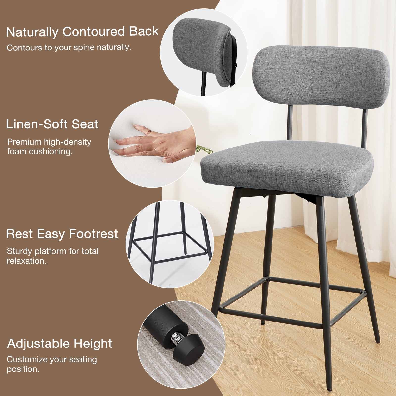 Hommpa Swivel Bar Stools Set of 3 Counter Height Barstools 26" Gray Linen Fabric Upholstered Kitchen Counter Stools with Backs, Metal Legs, Footrest and Wide Seat
