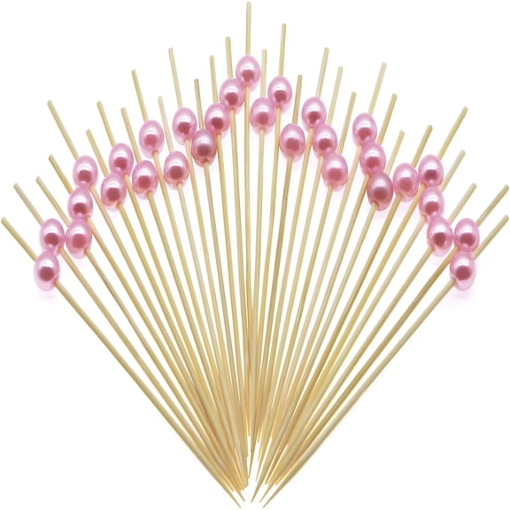 ACDANC Pink Pearl Bamboo Cocktail Picks 4.7" Long Fancy Toothpicks for Appetizers Drinks Fruits Party Food Garnish Skewer Sticks 100 Counts