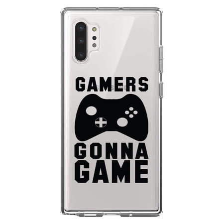 DistinctInk Clear Shockproof Hybrid Case for Galaxy Note 10 PLUS (6.8 Screen) - TPU Bumper Acrylic Back Tempered Glass Screen Protector - Gamers Gonna Game - Video Games