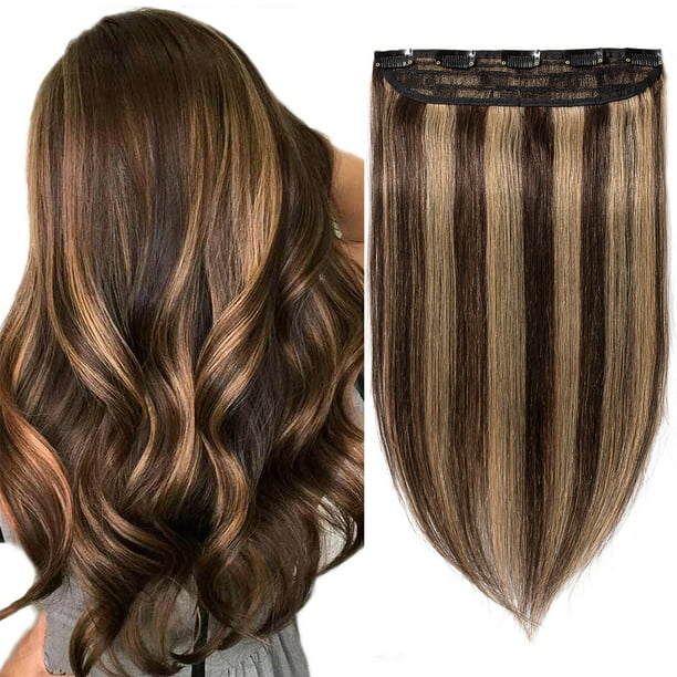 S-noilite Clip in Human Hair Extensions Balayage One Piece Soft Straight  3/4 Full Head Hair Pieces for Women 