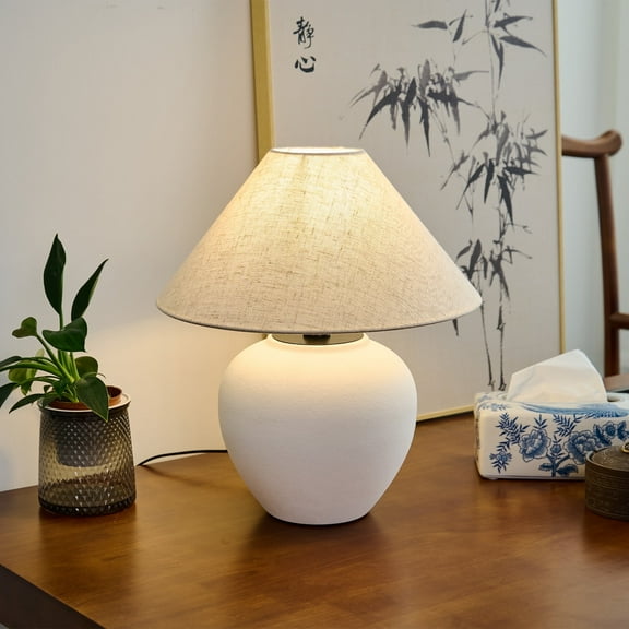 Deyidn 15.75" Modern Porcelain Table Lamp with Fabric Shade, White Bedside Lamp for Bedroom and Living Room