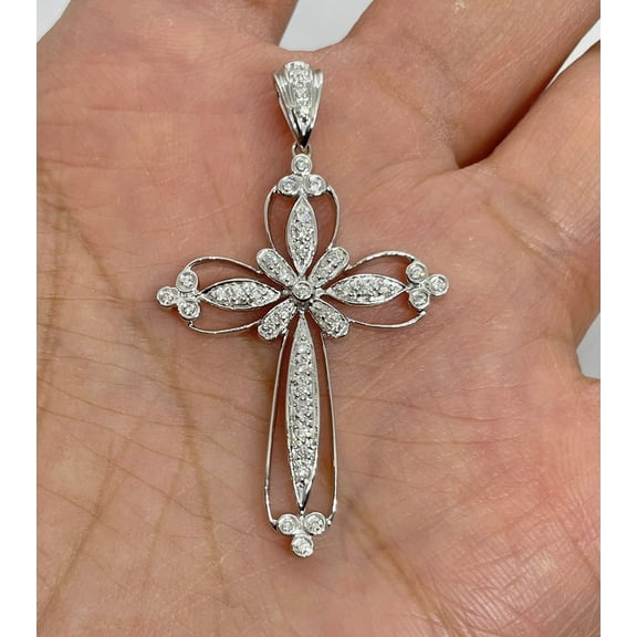 Bluebelljewels 14K White Gold Finish Silver Round Cut Cubic Zirconia Religious Cross Pendant