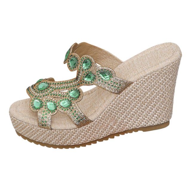 asddcavvf Ladies Summer Rhinestone Bright Leather Thick Bottom Large Size Slope Heel Sandals Slipper