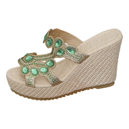 

Huanghuaa Ladies Summer Rhinestone Bright Leather Thick Bottom Large Size Slope Heel Sandals Slippers Thick Heel Pumps for Women Sandals
