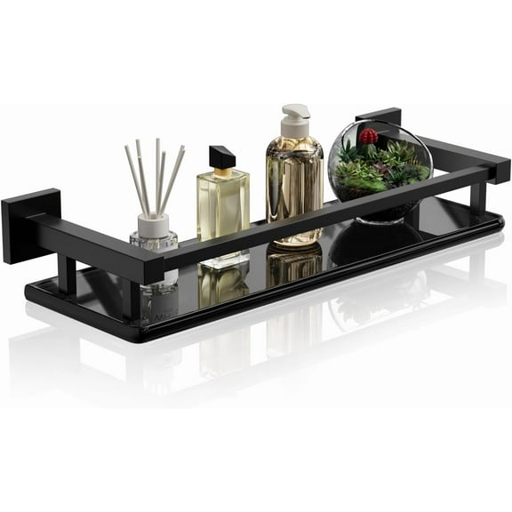 Bathroom Glass Shelf with Stainless Steel Railing, Matte Black Small Tempered Glass Floating Wall Shelf Over The Toilet, 16 inch