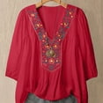 thumbnail image 4 of Boho Embroidered Tunic Tops for Women - Floral V-Neck Peasant Blouse, Loose Fit 3/4 Sleeve Casual Summer Shirt Red M, 4 of 8