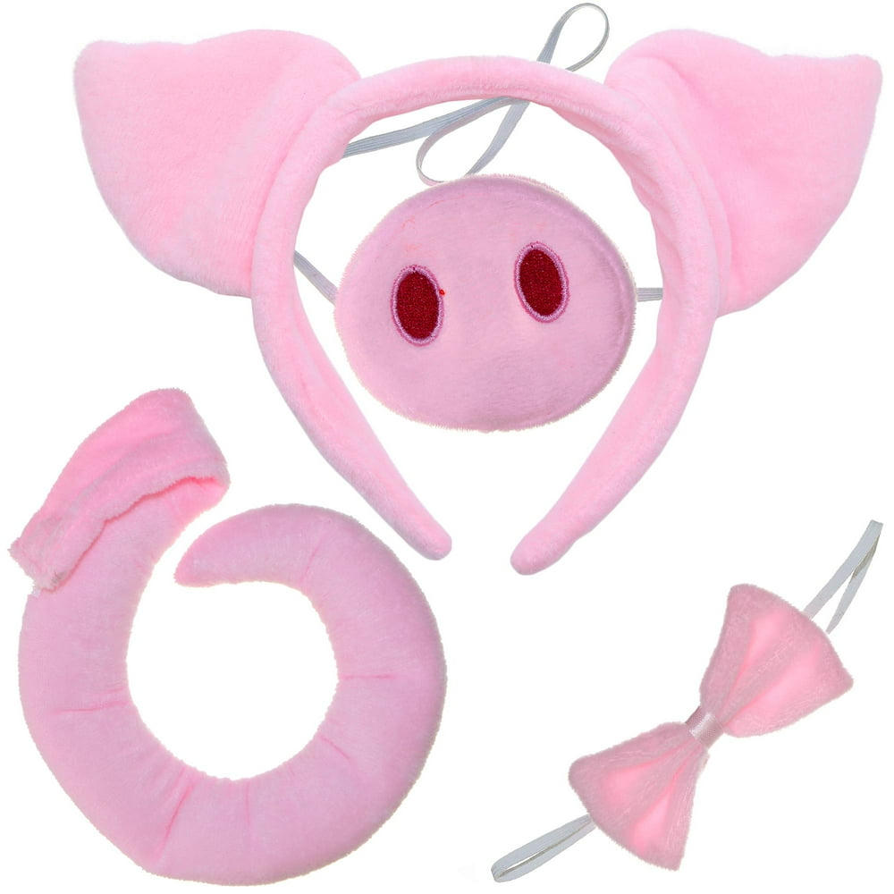 Skeleteen Pig Costume Accessories Set Fuzzy Pink Pig Ears Headband, Bowtie, Snout and Tail