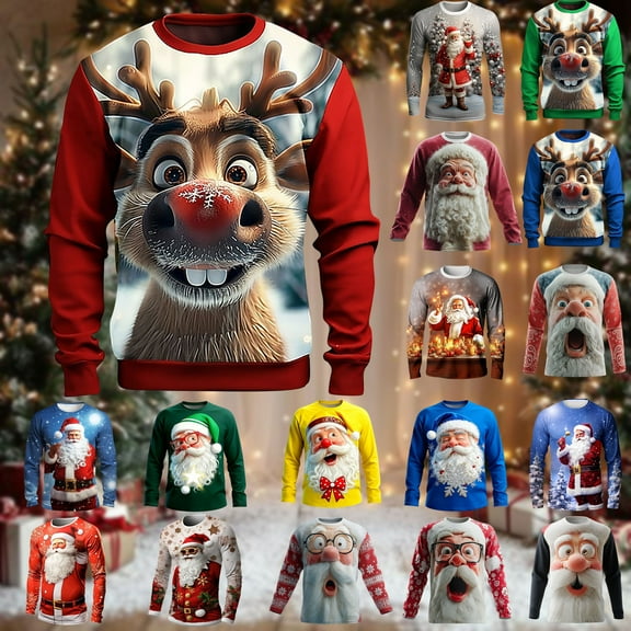 Jinhomg Ugly Christmas Sweatshirt for Men Funny 3D Suit Graphic T-shirts Long Sleeve Crew Neck Print Shirt Santa Claus Xmas Pullover Tops