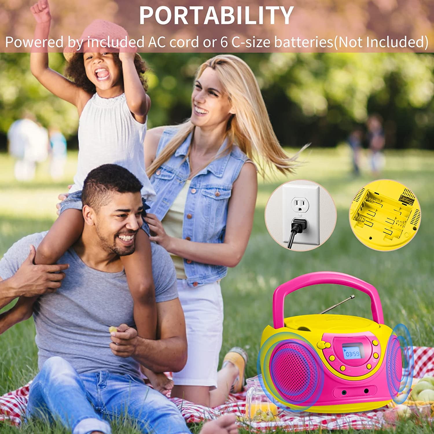hPlay P16 Portable CD Player Boombox AM FM Digital Tuning Radio, Aux Line-in, Headphone Jack (Pink)