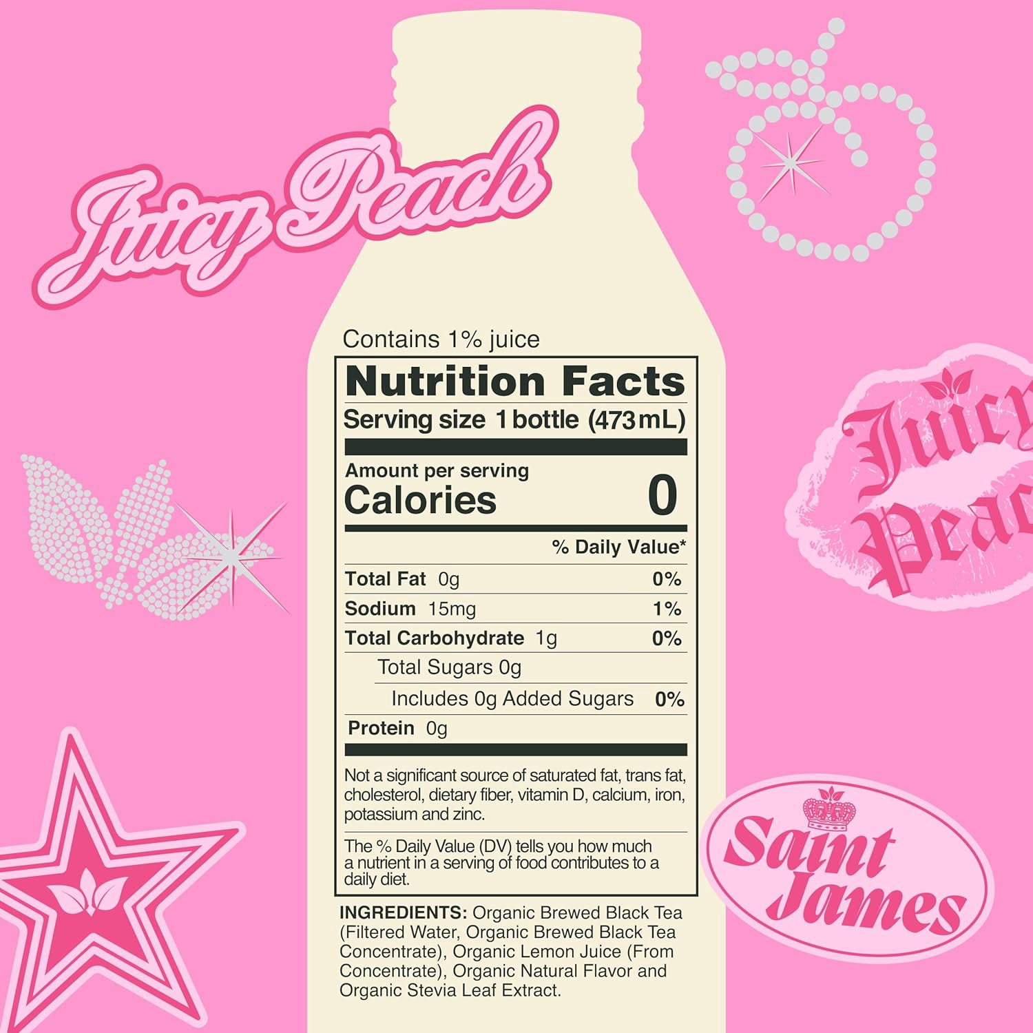 Saint James Iced Tea x Juicy Couture Limited Edition - Organic Black Tea - Non-GMO, Gluten Free, Zero Calorie, Zero Sugar - Juicy Peach, 12 Pack (16 fl oz each)