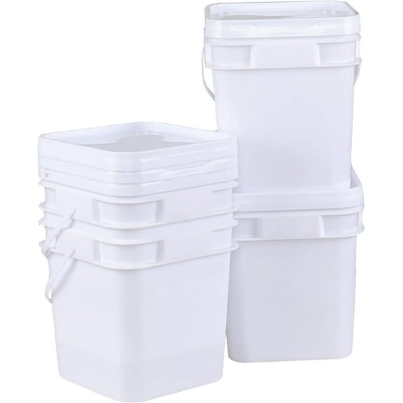 Teyyvn 4 Pcs 3 Gallon Square Bucket with Lid and Plastic Handles, White Plastic Utility Bucket Pail with Lid for Food Storage