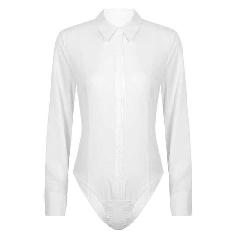 Aislor Women's Turn-Down Collar Long Sleeve Button Down Blouses Bodysuit  One Piece Leotard Shirt