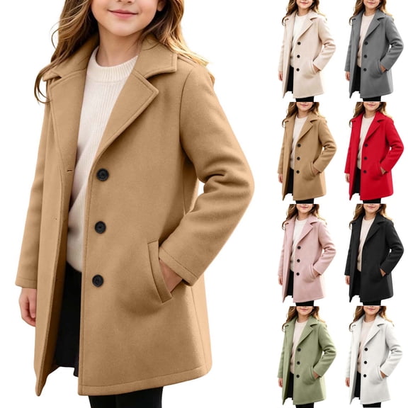 Kids Boys Girls Solid Notch Lapel Wool Blend Coat, Mid Length Single Breasted Trench Jacket with Pockets, Fall Winter Casual Outerwear Overcoat White 14-15Years