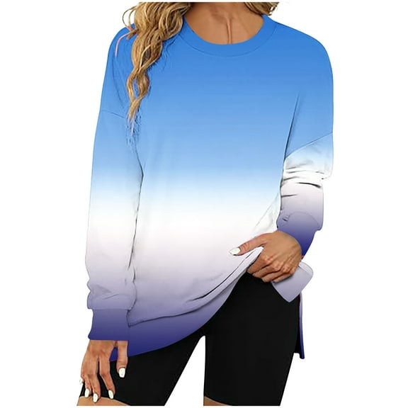 hxobax Women Ombre Pullover Tops for Fall Oversized Long Sleeve Crewneck Sweatshirts Splt Hem Tunics