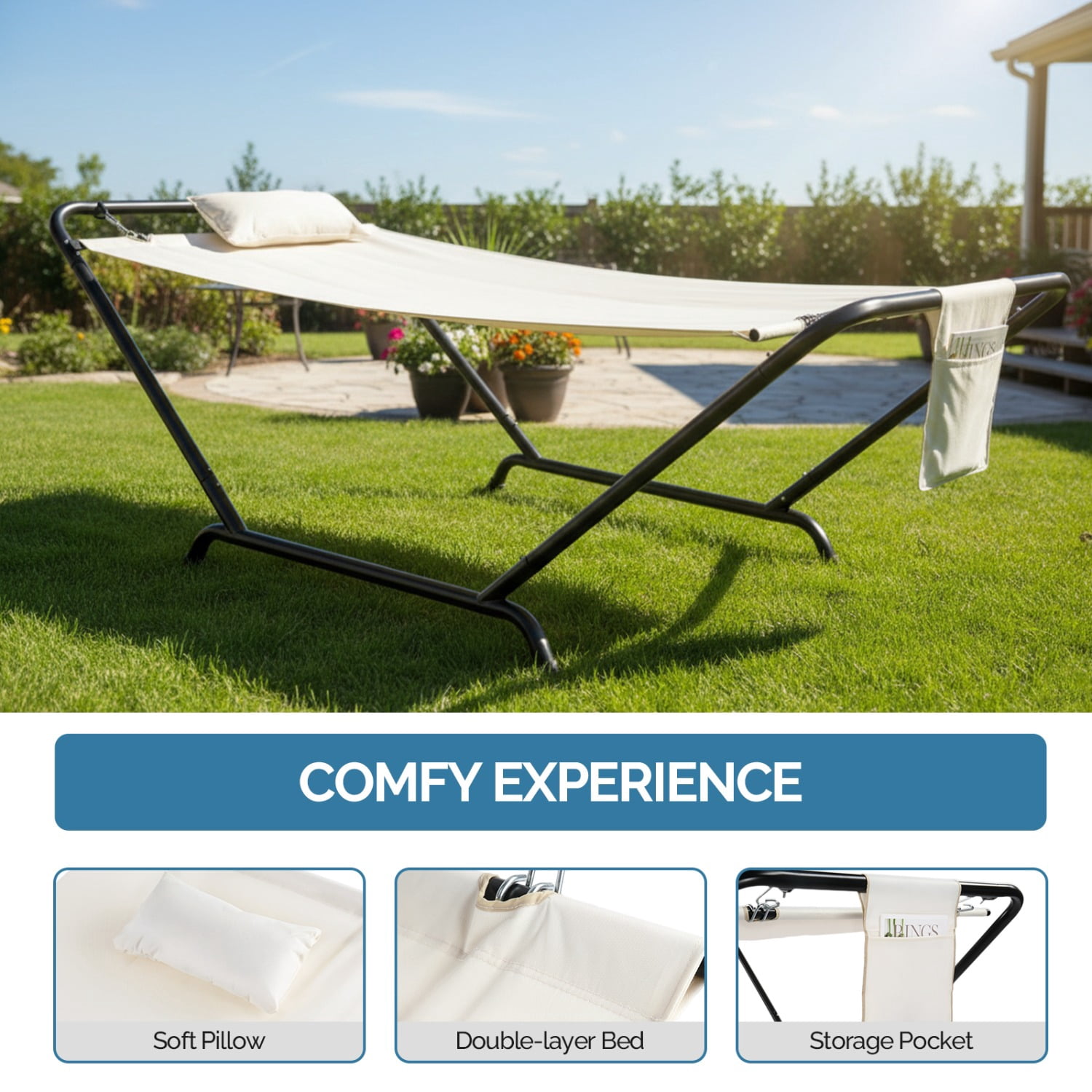Freestanding Hammock with Stand, 550LBS Heavy Duty Outdoor Hammock Bed with Soft Pillow & Storage Bag, Beige
