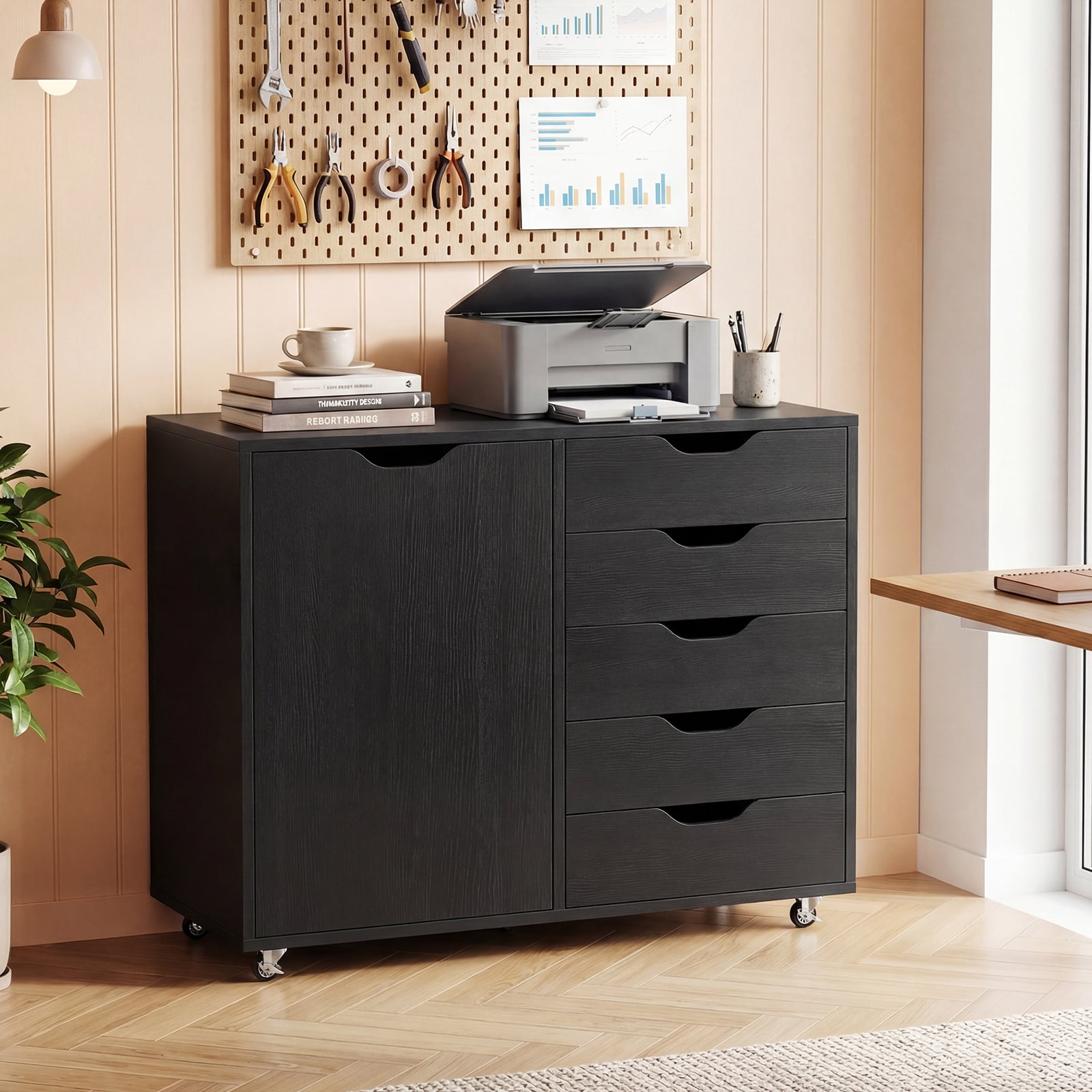 Costway 5-Drawer File Cabinet with Door, Wheels and 5-Level Adjustable Shelf for Home Black