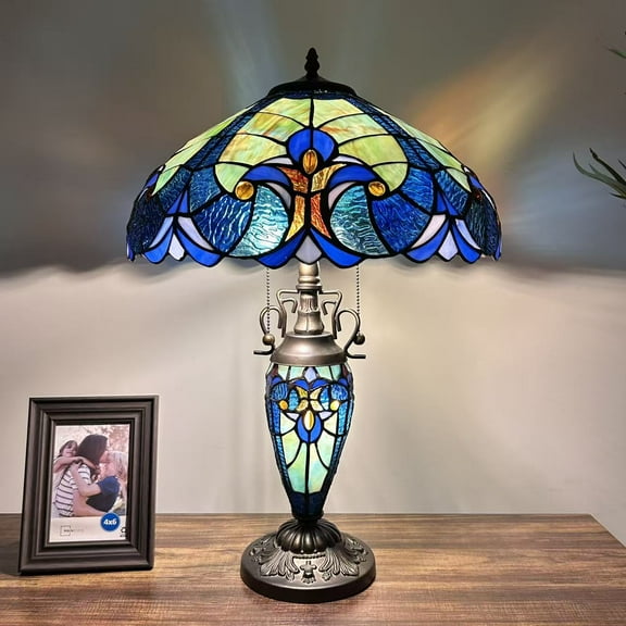 Tiffany Table Lamp Green Blue Stained Glass Shade Base LED Bulbs Included for Living Room Bedroom Bedside16"W*16"D*24"H