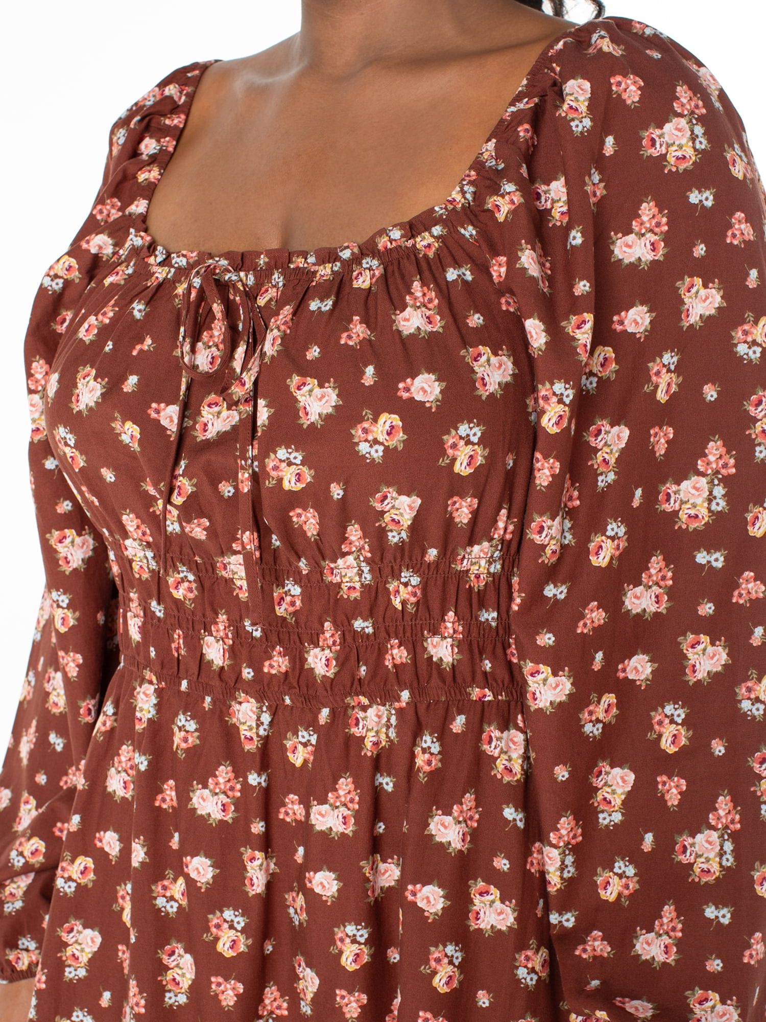Celebrity Pink Women’s and Women’s Plus Floral Print Babydoll Dress with Long Sleeves, Sizes XS-4X