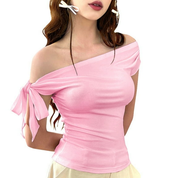 Women'S Off Shoulder Double Lined Crop Tops 2025 Going Out Sleeveless Asymmetrical Y2k Tops Pink S