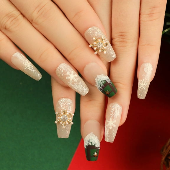 24pcs Christmas Nail Art Stickers for Cross - border - Snowflake, Pearl and Star - themed False Nails, Long - style Christmas Wearable Nail Art