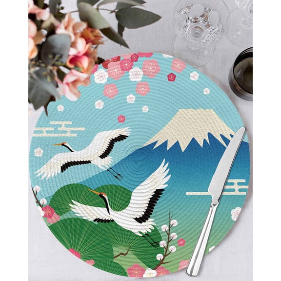 15 Inch Round Placemats Set of 4, Teal Blue Mountain Non Slip Heat Insulation PP Table Mats, Farmhouse Cherry Blossoms Cranes Washable Place Mats for Kitchen Dining Party Table Decor