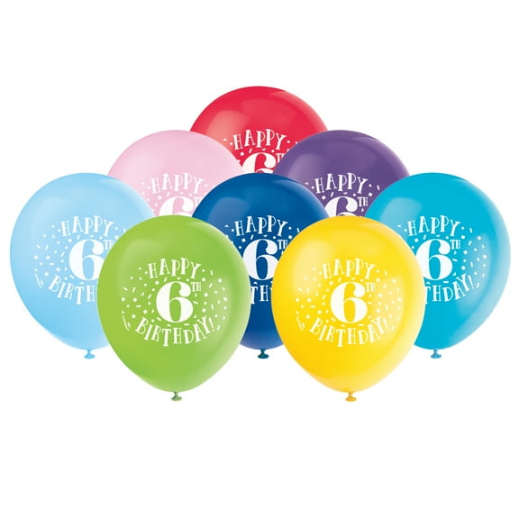 Unique Industries Latex 16" Multi-color Graphic Prints Happy 6th Birthday Balloons, 8 Count