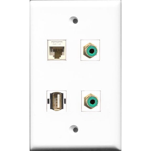 RiteAV - 2 Port RCA Green and 1 Port USB A-A and 1 Port Cat6 Ethernet White Wall Plate