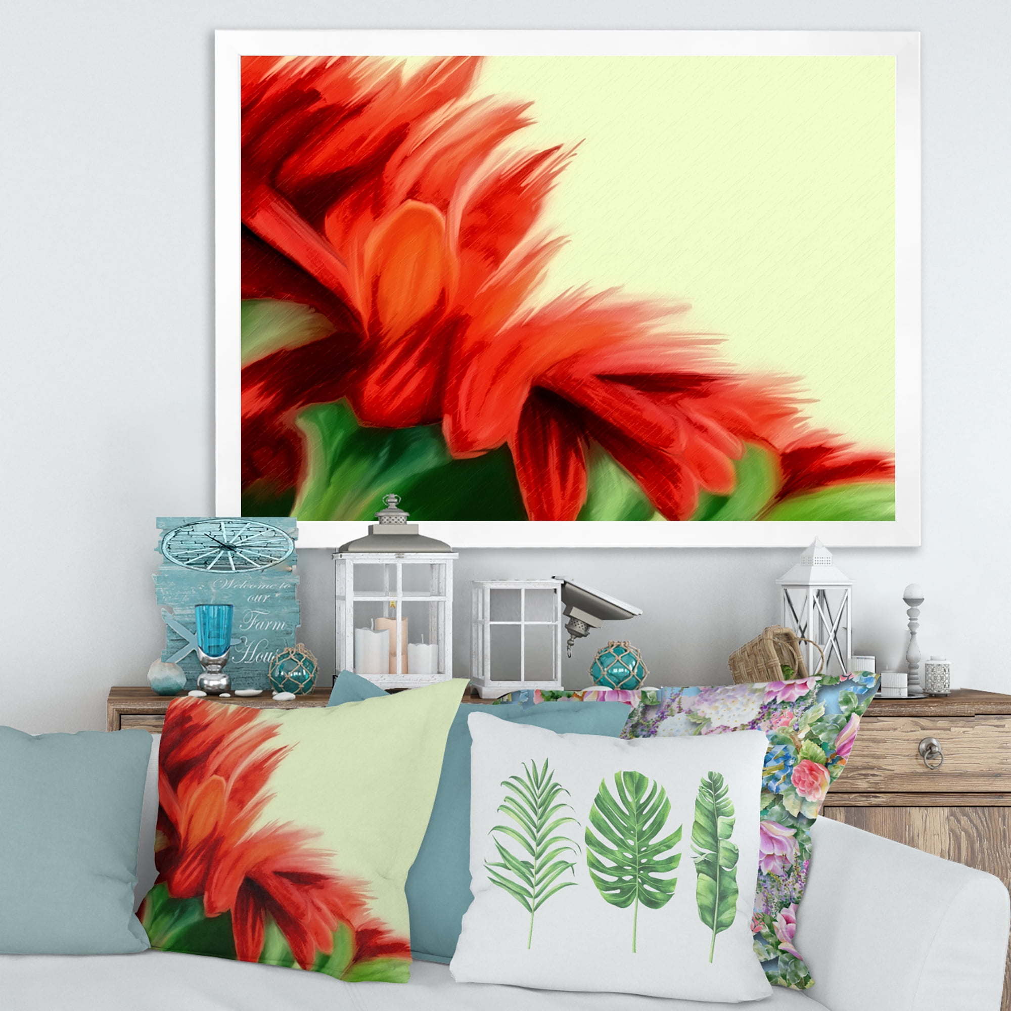 Designart 'Red Floral Brush Strokes On Green' Traditional Framed Art Print