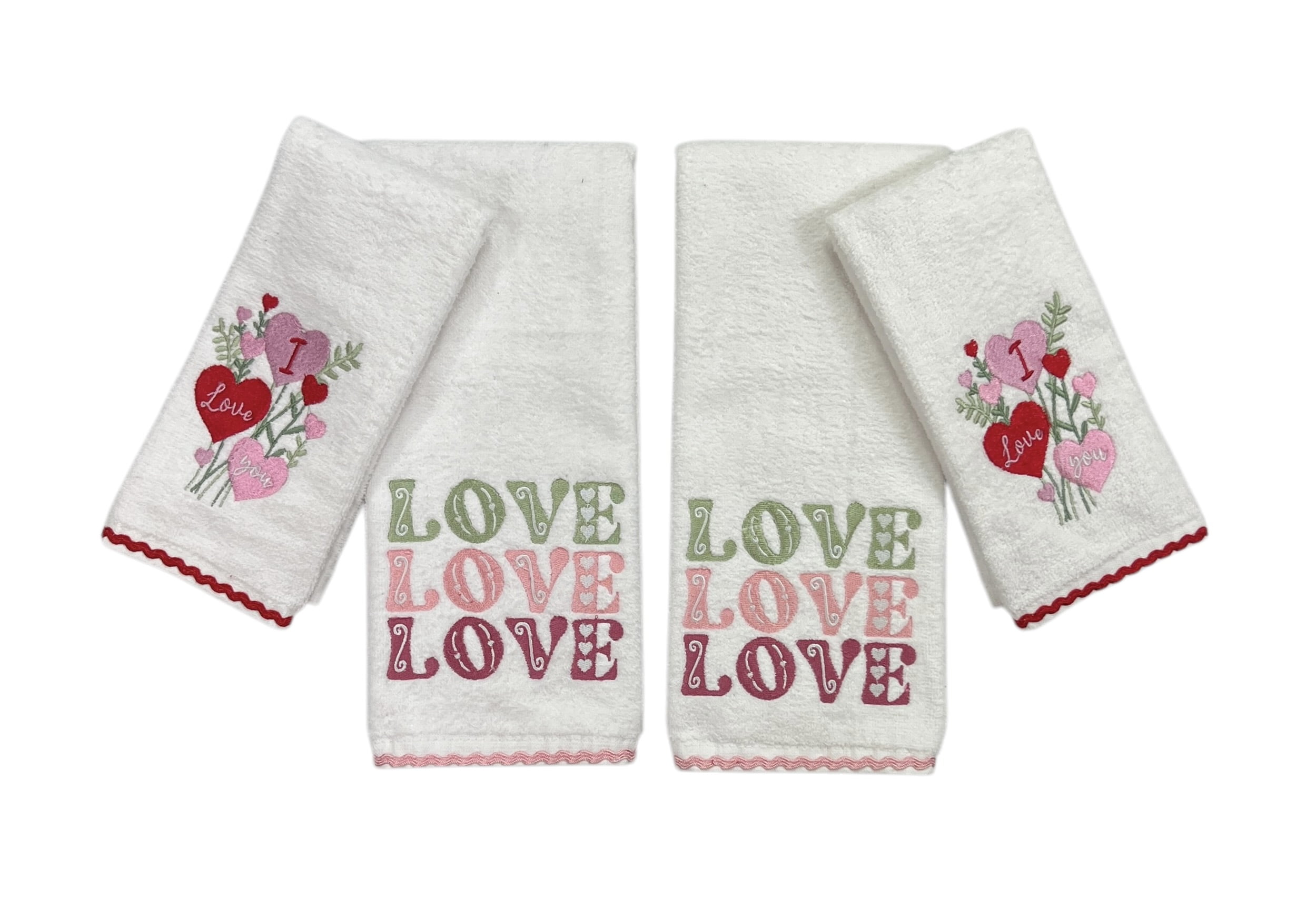 Serafina Home Decorative Valentine Theme Embroidered Bath Hand And Fingertip Heart Towel Set: I Love You Hearts Bouquet Towels, Pink Red Green