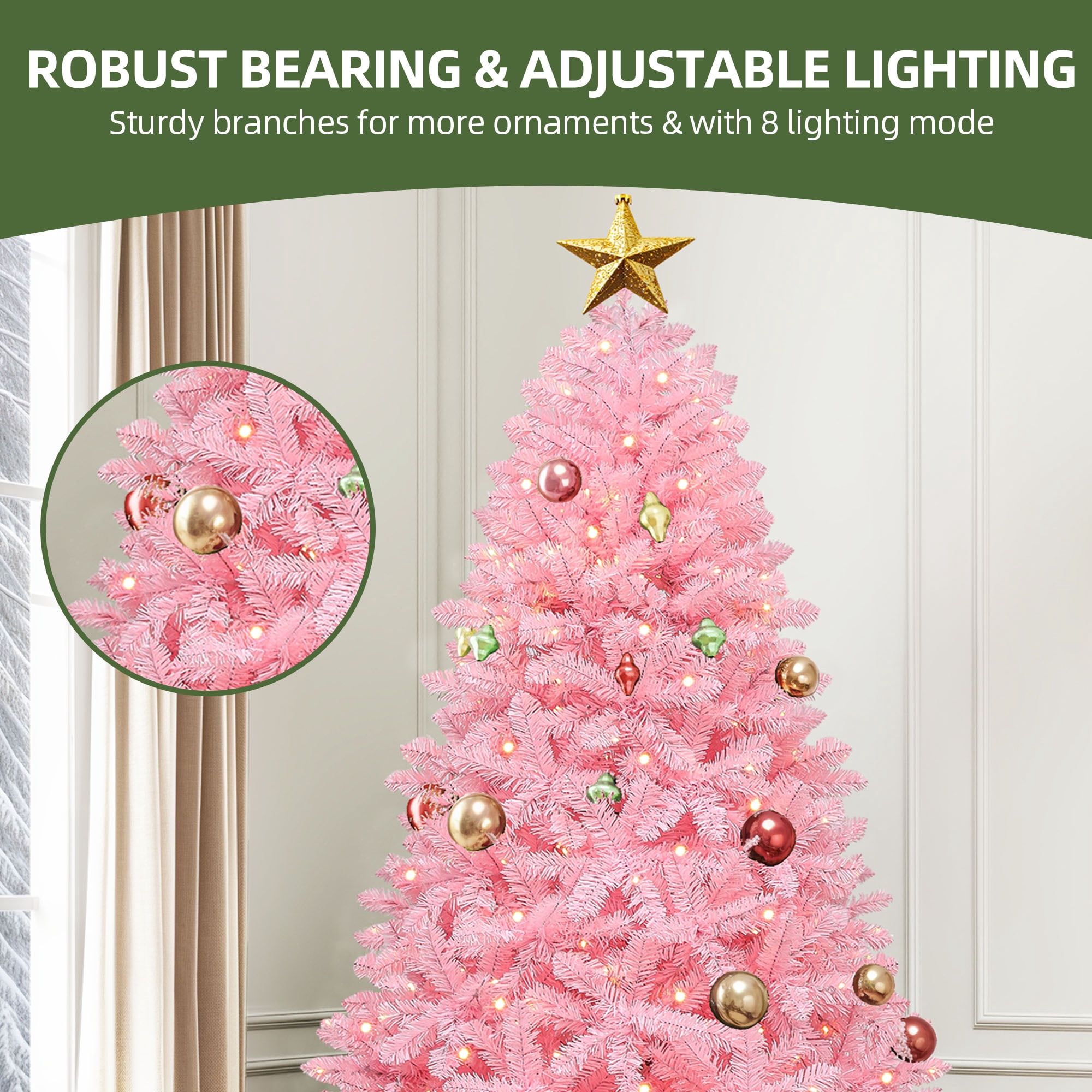 Uforic 7.5 ft Pre-lit Spruce Artificial Christmas Tree with 1350 PVC Tips & 550 Warm-White Lights, Pink