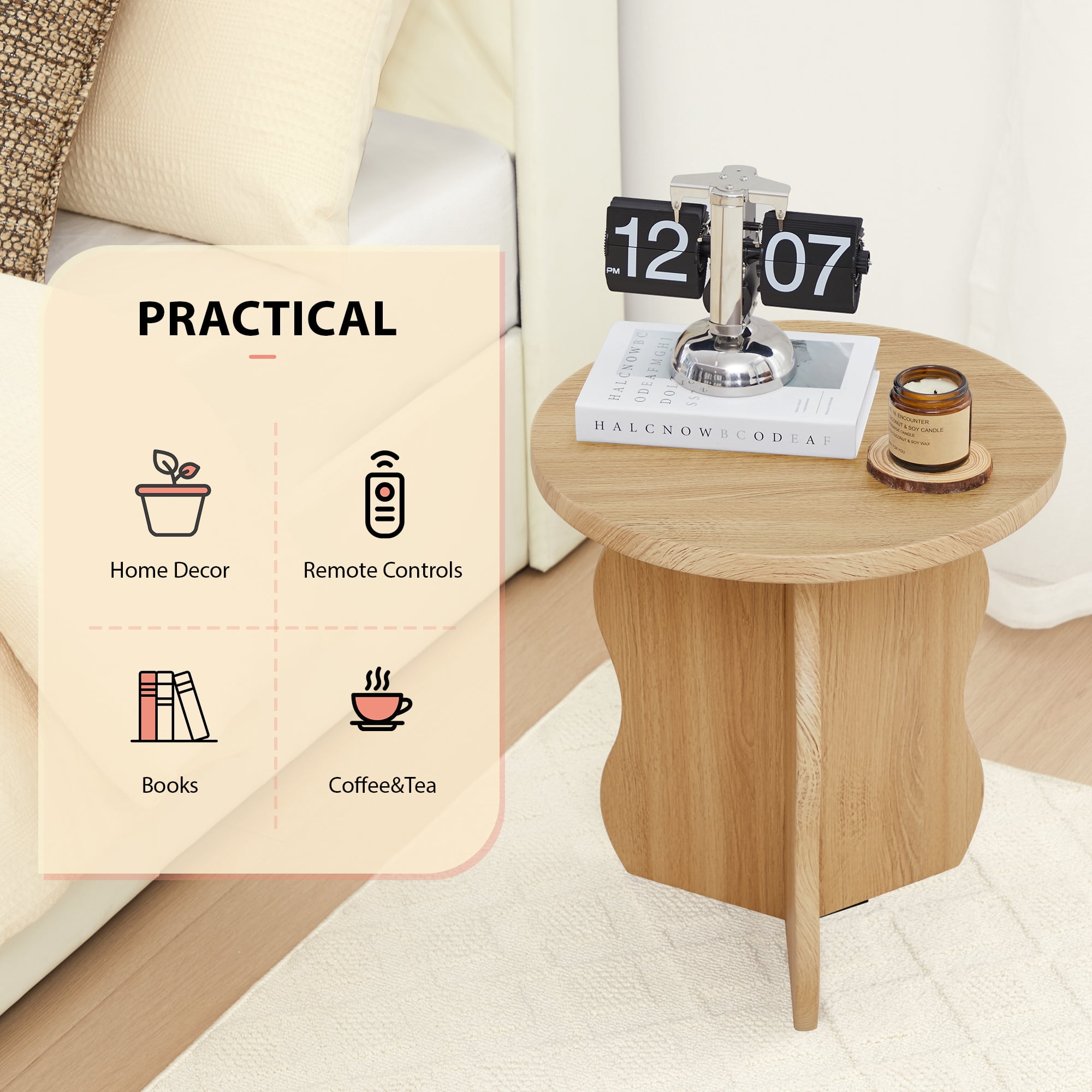 PHOYAL Round Small End Tables for Living Room Set of 2 with Wave Base, Side Table for Bedroom Small Space, Natural