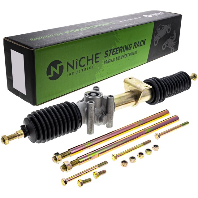 Niche Steering Gear Box Rack & Pinion for Polaris Ranger XP 800 Crew 900 1823795 UTV 519-CSR2245A. The image features a grey aluminum alloy steering rack with black rubber boots, tie rods, and mounting hardware, all neatly arranged. The kit is accompanied by a green and black Niche Industries box. Compatible with Polaris Ranger models such as XP 800, Crew 900, and Diesel HST from 2011 to 2017. Engineered for OEM performance and easy installation.