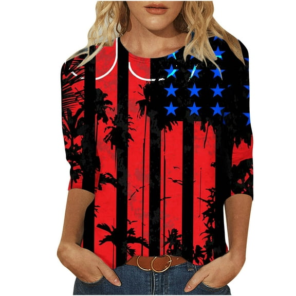 qipepei 4th of July Clothes for Women American Flag Patriotic T-Shirts Women's Fashion Printed T-shirt Mid-length 3/4 Sleeves Blouse Round Neck Casual Tops