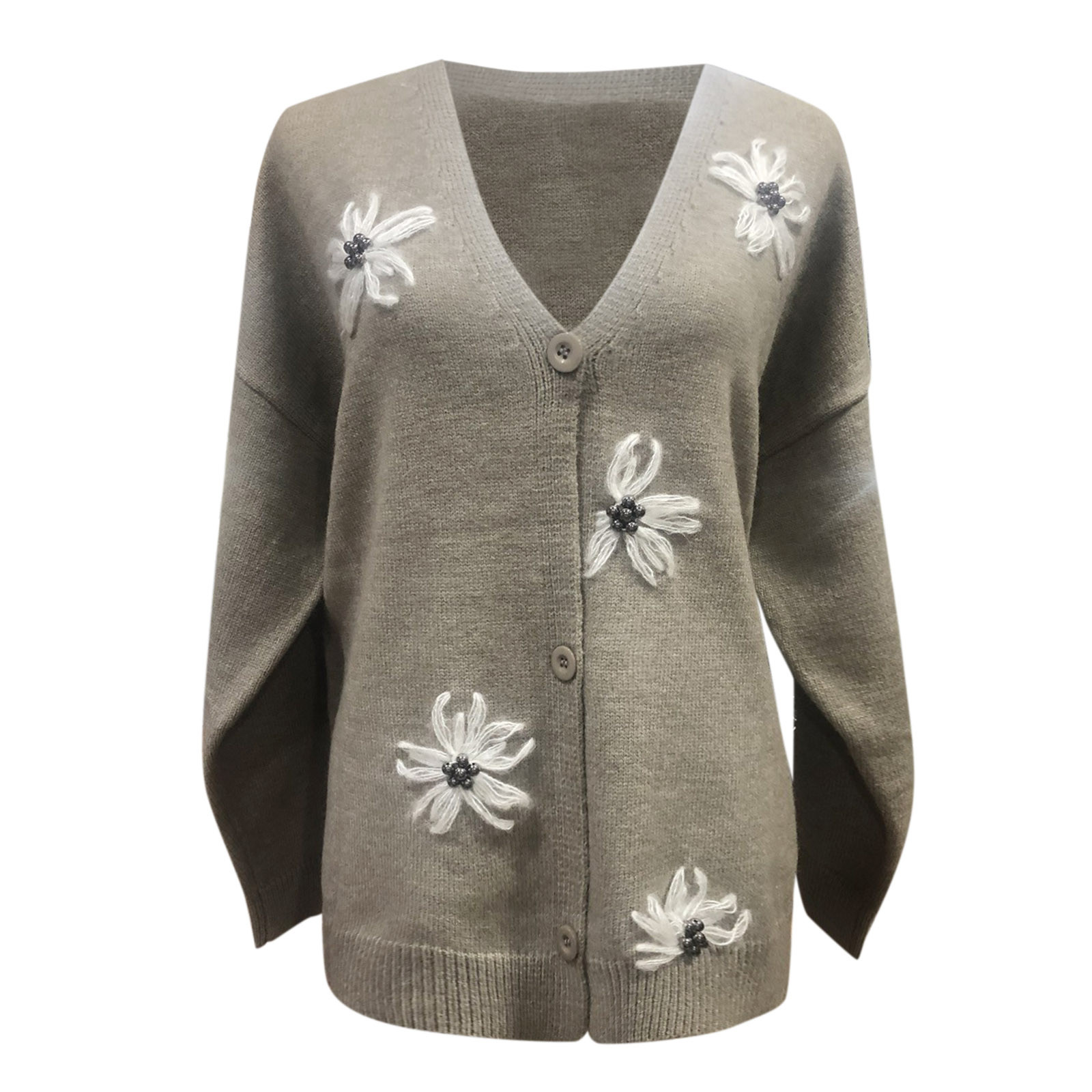 Women's Floral Embroidered Knit Cardigan Sweater Slim V-neck Long ...