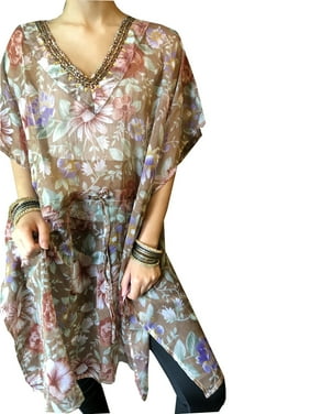 Mogul Women Kaftan Dress Soft Chiffon Floral Cover Up Sheer Beach Caftan Kimono Sleeves Summer Resort Kaftan S/M/L