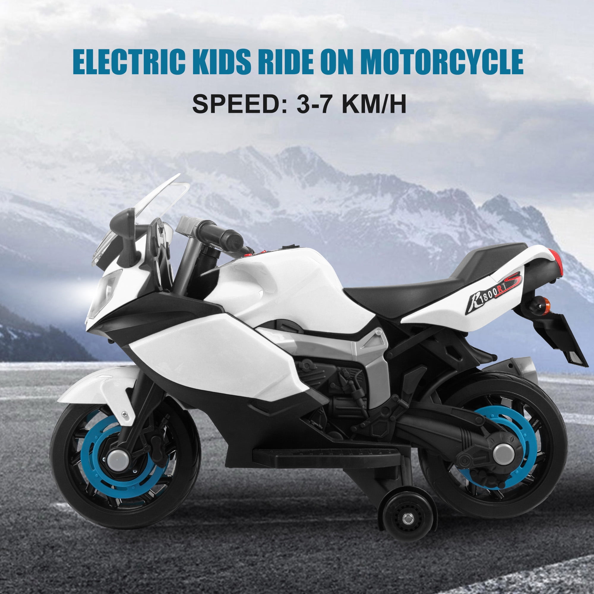 Kepooman Electric Motorcycle Toy for Kids, W/ Training Wheel, Lights, Music - White Kepooman Electric Motorcycle Toy for Kids, W/ Training Wheel, Lights, Music - White