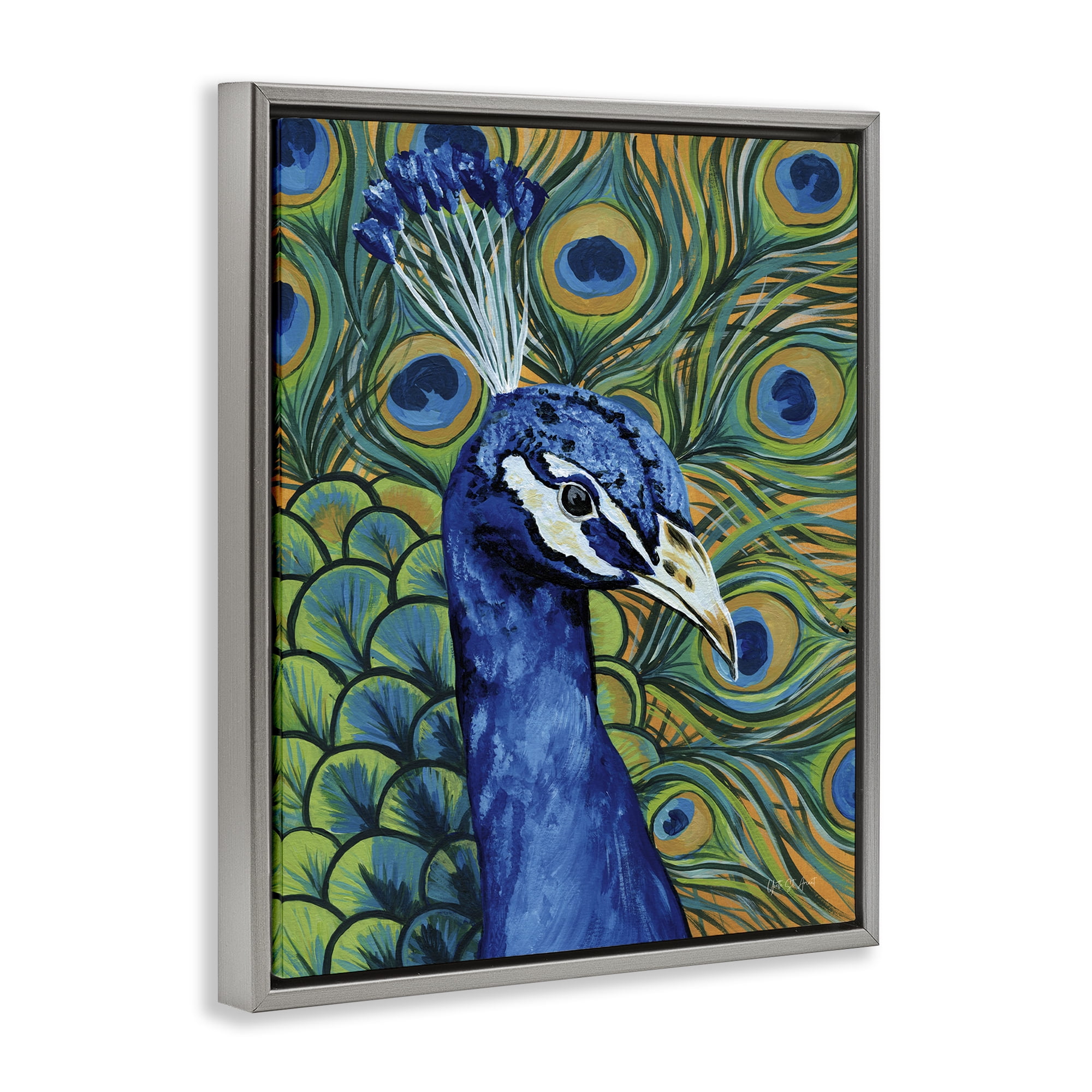 Stupell Industries Bold Peacock Feathers Pattern Animals & Insects Painting Gray Floater Framed Canvas Art Print Wall Art, 25 x 31