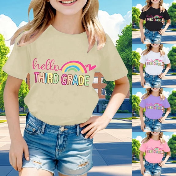 ibiyuan First Day Of School Shirts for Girls Short Sleeve Back To School Shirt for Girls Kids T-Shirt Letter Print Tees Top Soft Cute Kindergarten