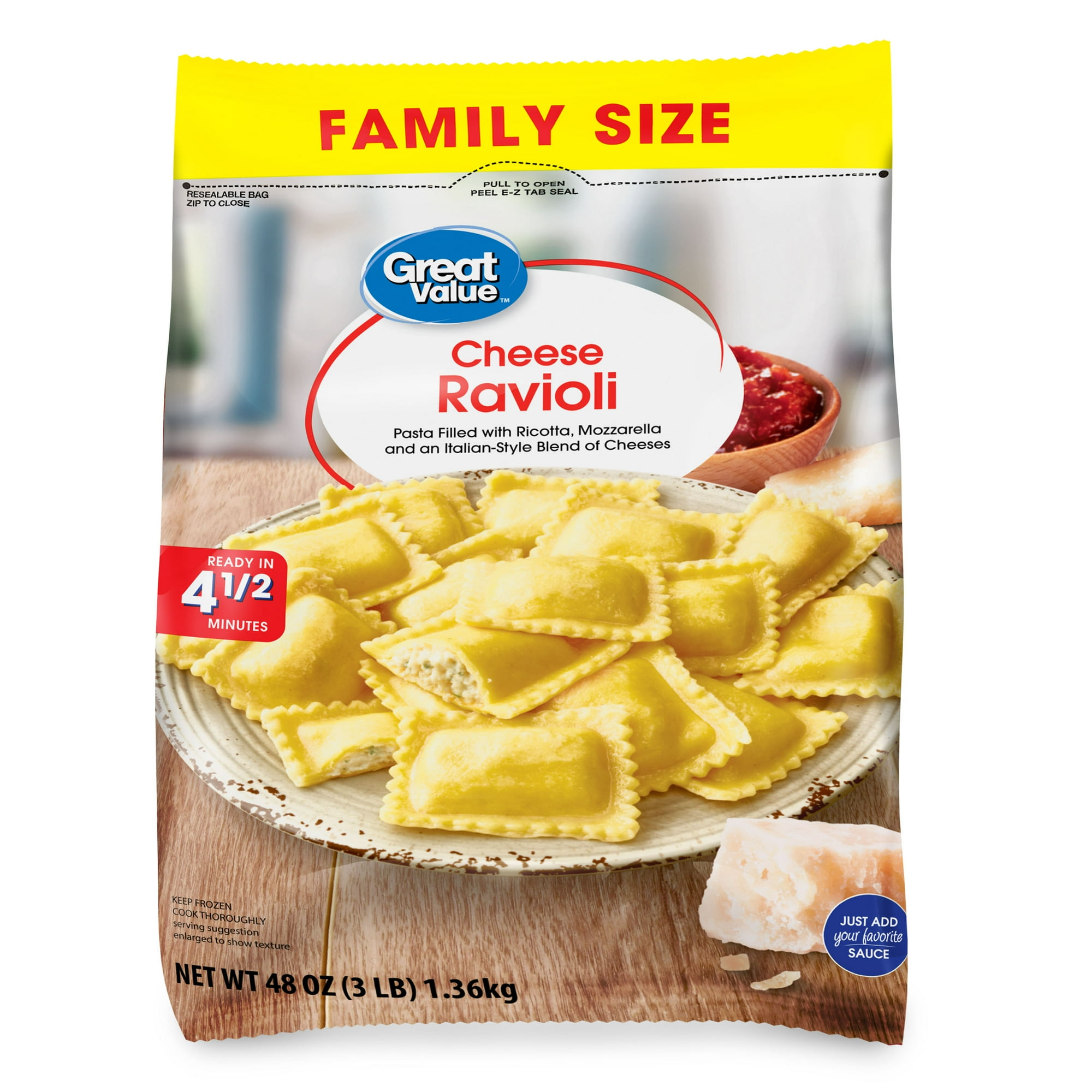 Great Value Family Size Cheese Ravioli Pasta, 48 oz Bag, 1 Count