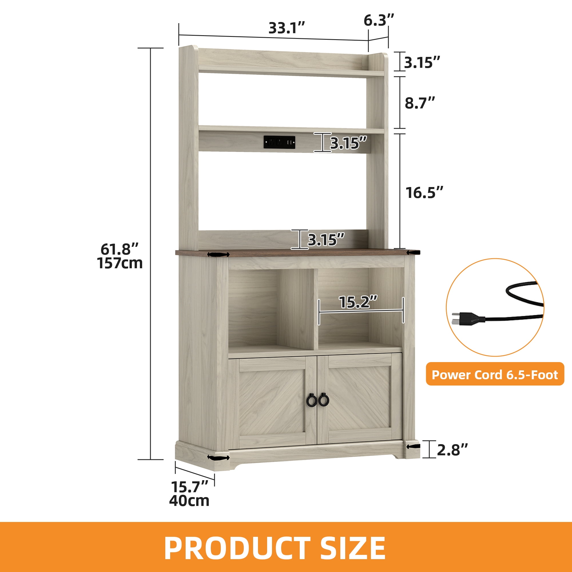 Craftian 5-Tier Kitchen Bakers Rack with Storage Cabinet & Storage Shelf, Coffee Stand Microwave Stand with Power Outlet & LED Light, Kitchen Pantry for Kitchen Living Room, Walnut Grain