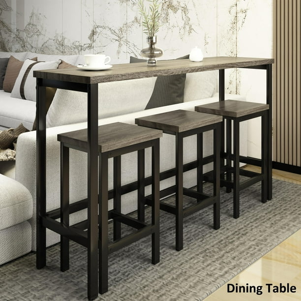 Pub Table Set, 4Piece Counter Height Extra Long Dining Table Set, Bar Table Set with 3 Stools