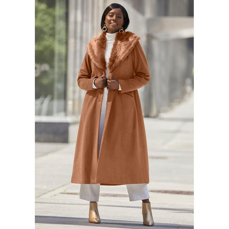 Jessica London Women s Plus Size Long Wool Blend Coat With Faux Fur Collar Walmart