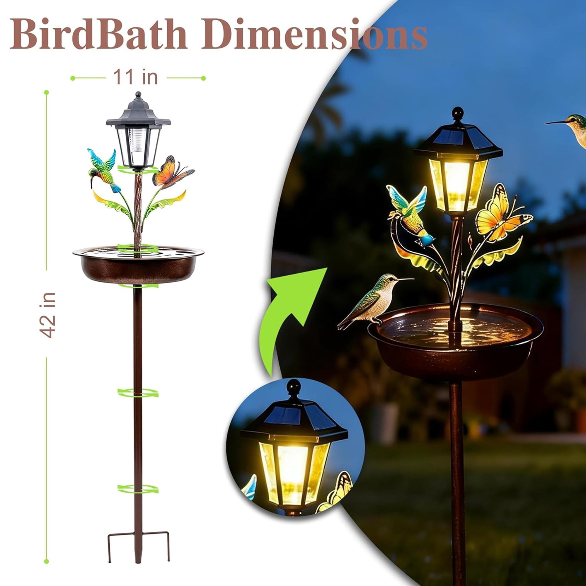 COCOBELA Bird Bath for Outside, 42In Vintage Freestanding Birdbaths with Solar Light for Outdoors, Double Metal Bird Bath Feeder Bowls for Garden Patio Yard Lawn Decor