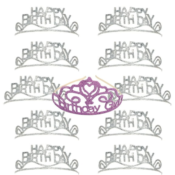 11 Pieces Birthday Tiara Party Set – Pink Glitter Dip Birthday Crown Accessory for Women and Girls - Princess Dress Up Party Favor Set