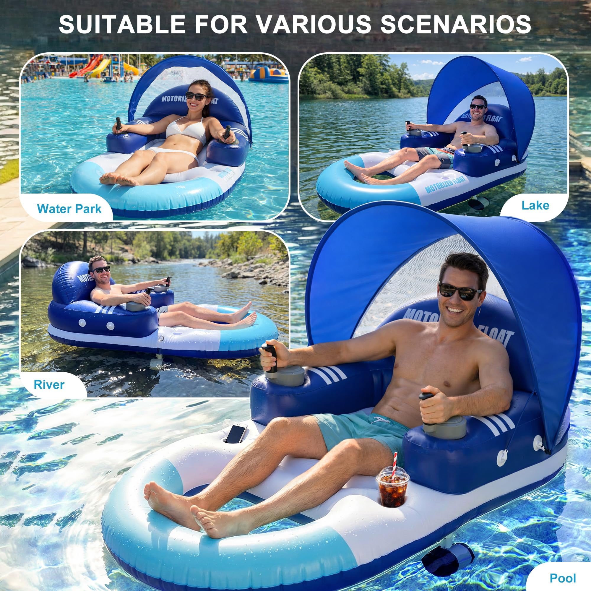 Foxlux Motorized Pool Float with Canopy, Rechargeable Motorized Floats with Cup Holder – Dual Motor Heavy Duty Electric Lounger Raft for Adults, Pool, Lake & Party