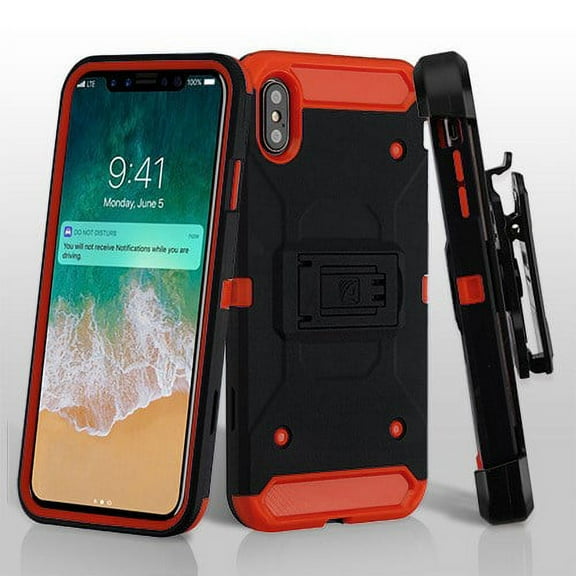 Apple iPhone Xs Max (6.5 Inch) Phone Case Combo TUFF Hybrid Kinetic Armor Rugged TPU Dual Layer Hard Protective Cover Belt Clip Holster Black Red Phone Case for Apple iPhone Xs Max