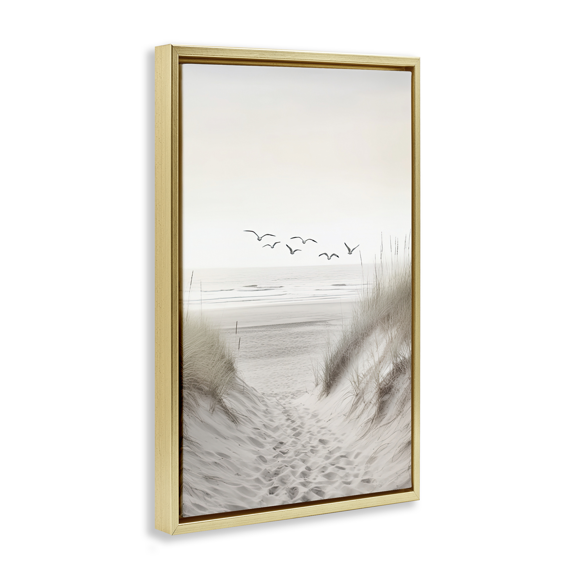 Seagulls over Sandy Footprints Gold Framed Floater Canvas Wall Art, design by Decent Exposures